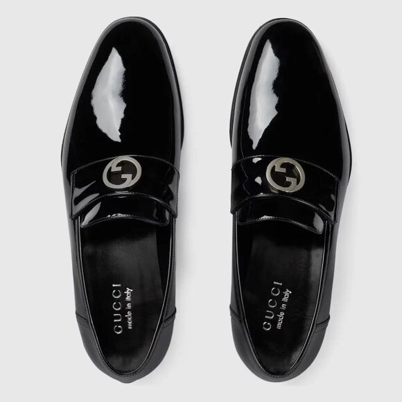 GUCCI SHOES MENS LOAFERS INTERLOCKING G LOGO BLACK LEATHER sz 12.5 US 13 - Picture 2 of 16